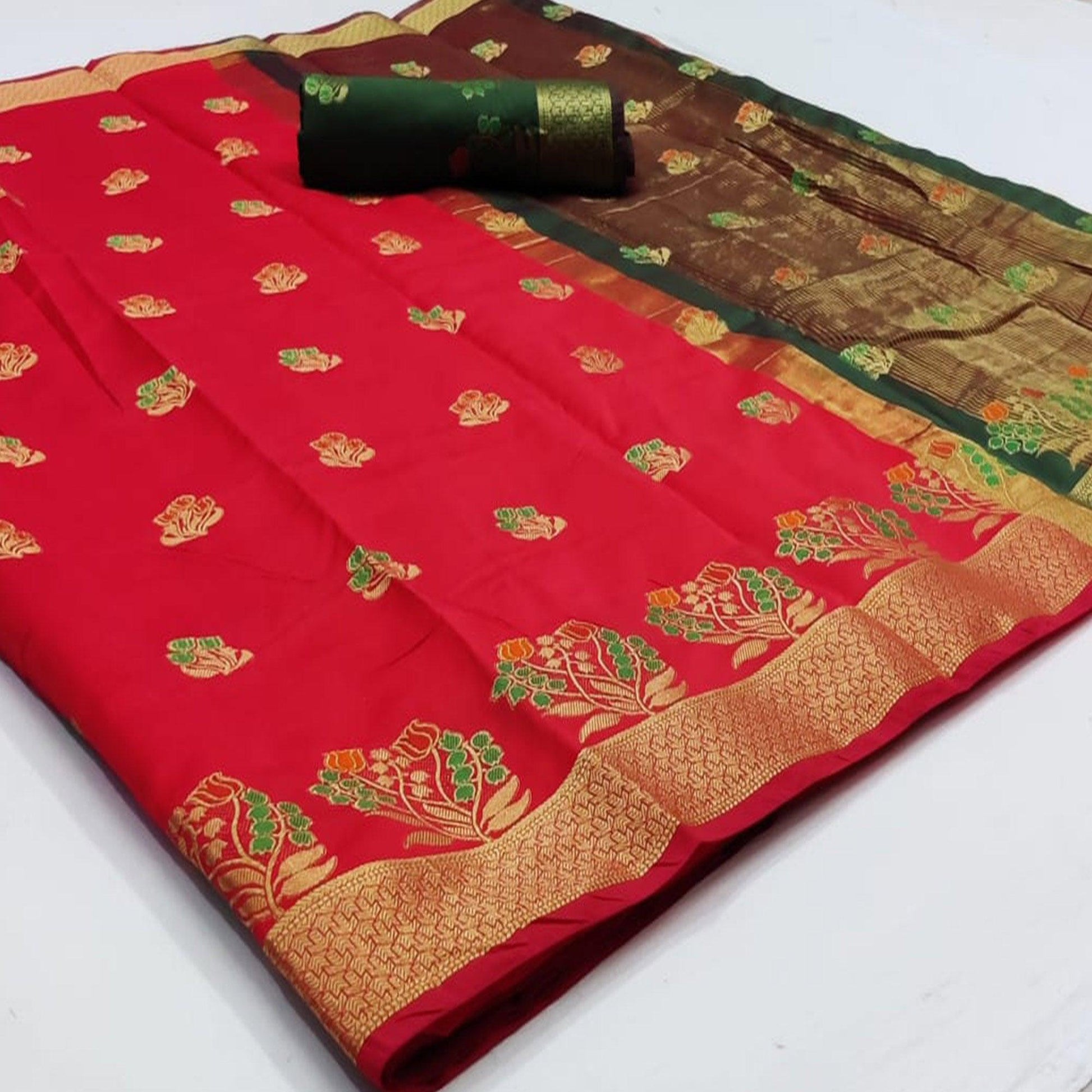 Jazzy Red Colored Festive Wear Woven Soft Silk Saree