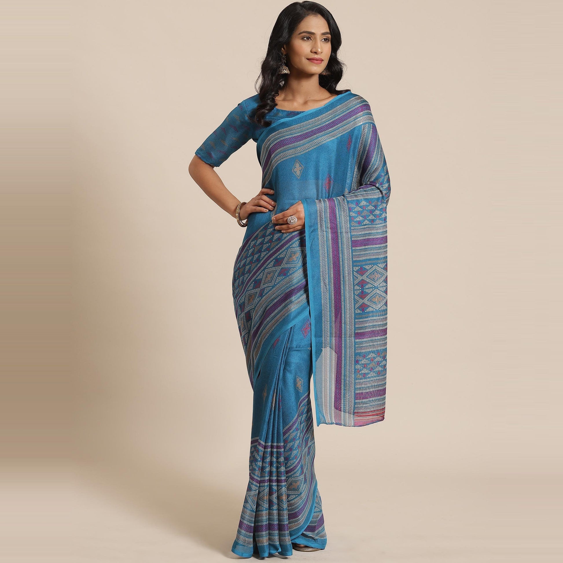 Jazzy Teal Blue Colored Casual Wear Printed Jute Silk Saree