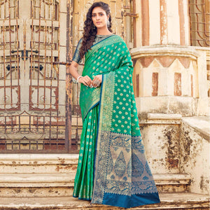 Jazzy Turqouise Coloured Designer Partywear Weaving Silk Saree