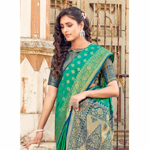 Jazzy Turqouise Coloured Designer Partywear Weaving Silk Saree