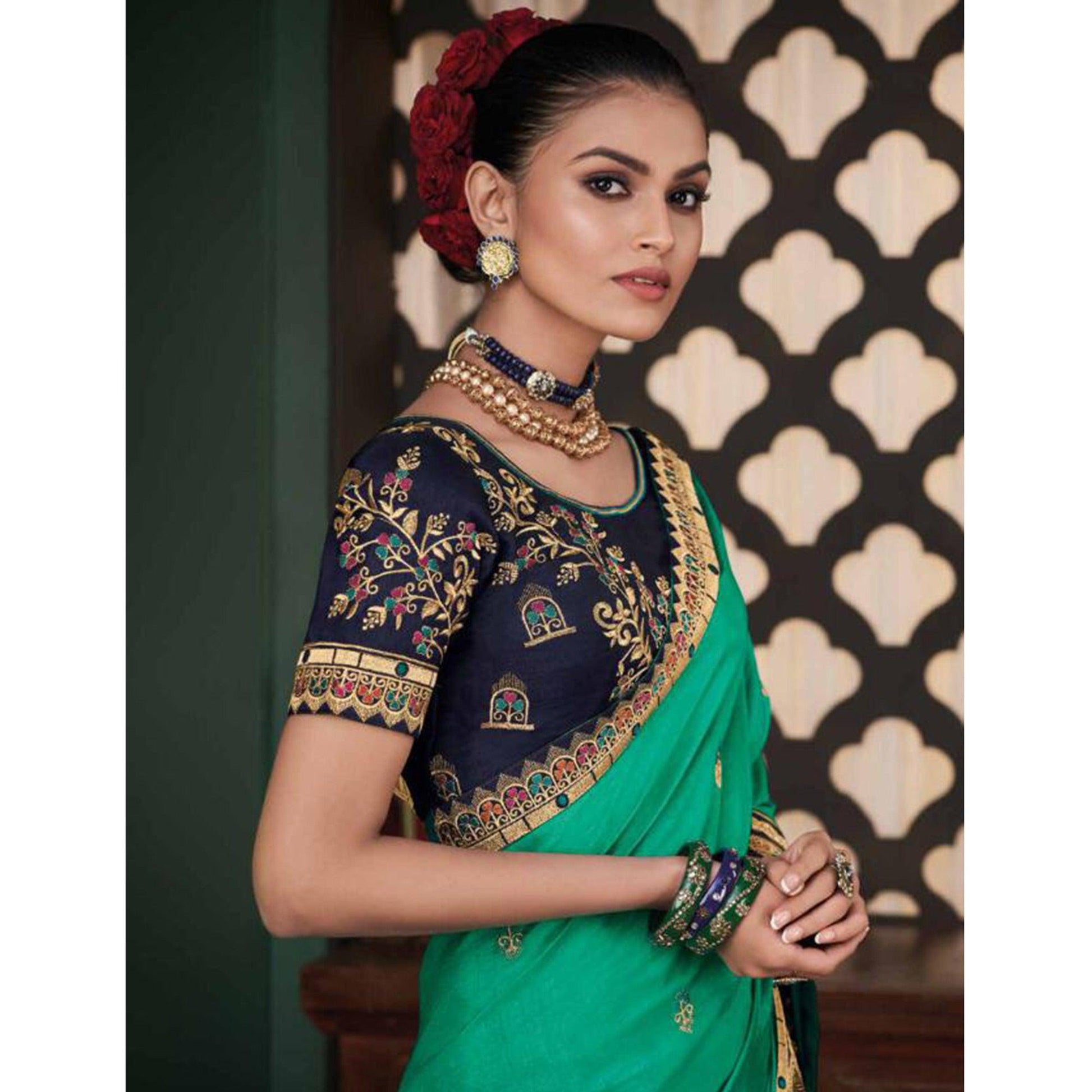 Jazzy Turquoise Green Colored Festive Wear Embroidered Heavy Border Silk Saree