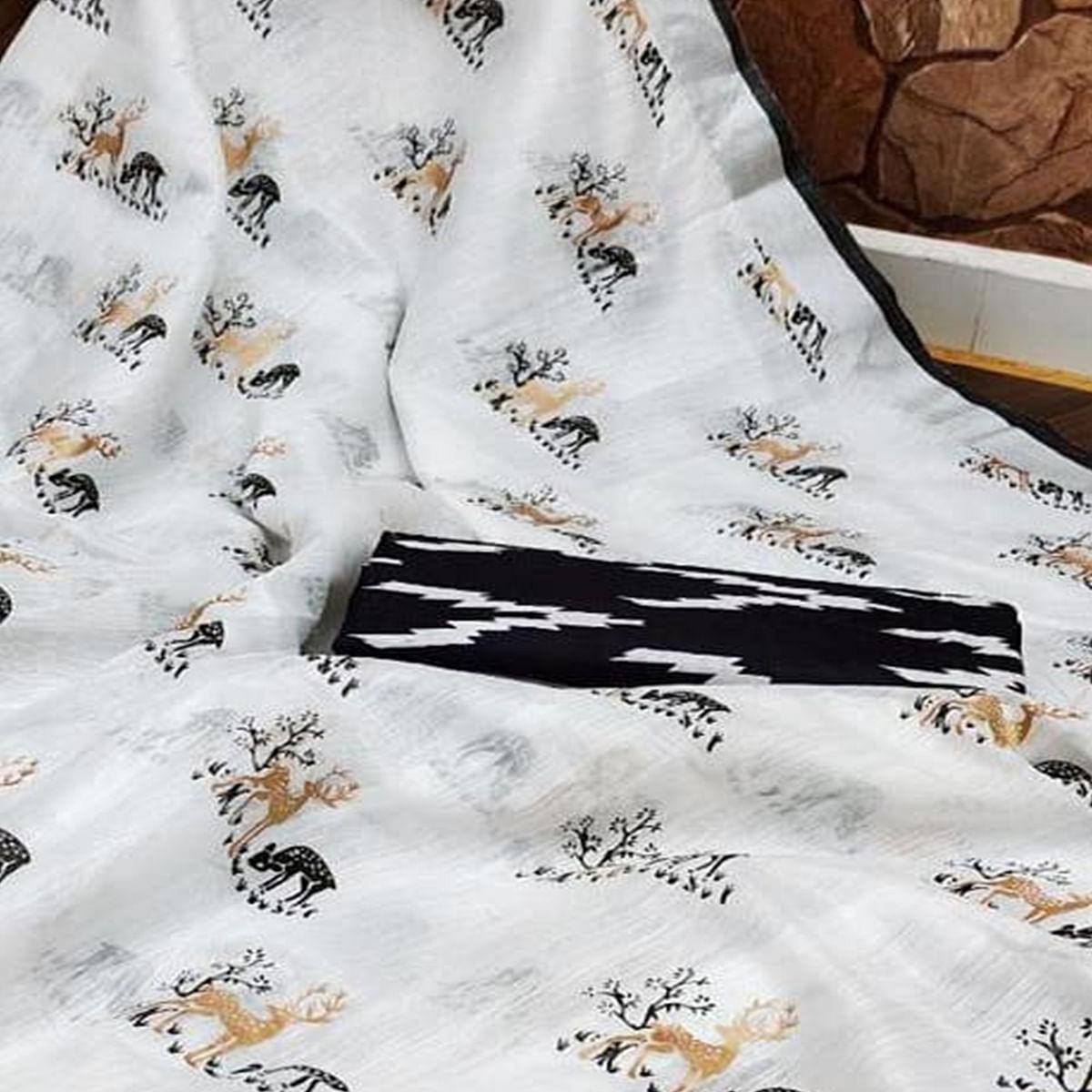 Jazzy White - Black Colored Casual Wear Digital Printed Linen Saree
