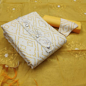 Jazzy White -  Yellow Colored Casual Wear Printed Cotton Dress Material