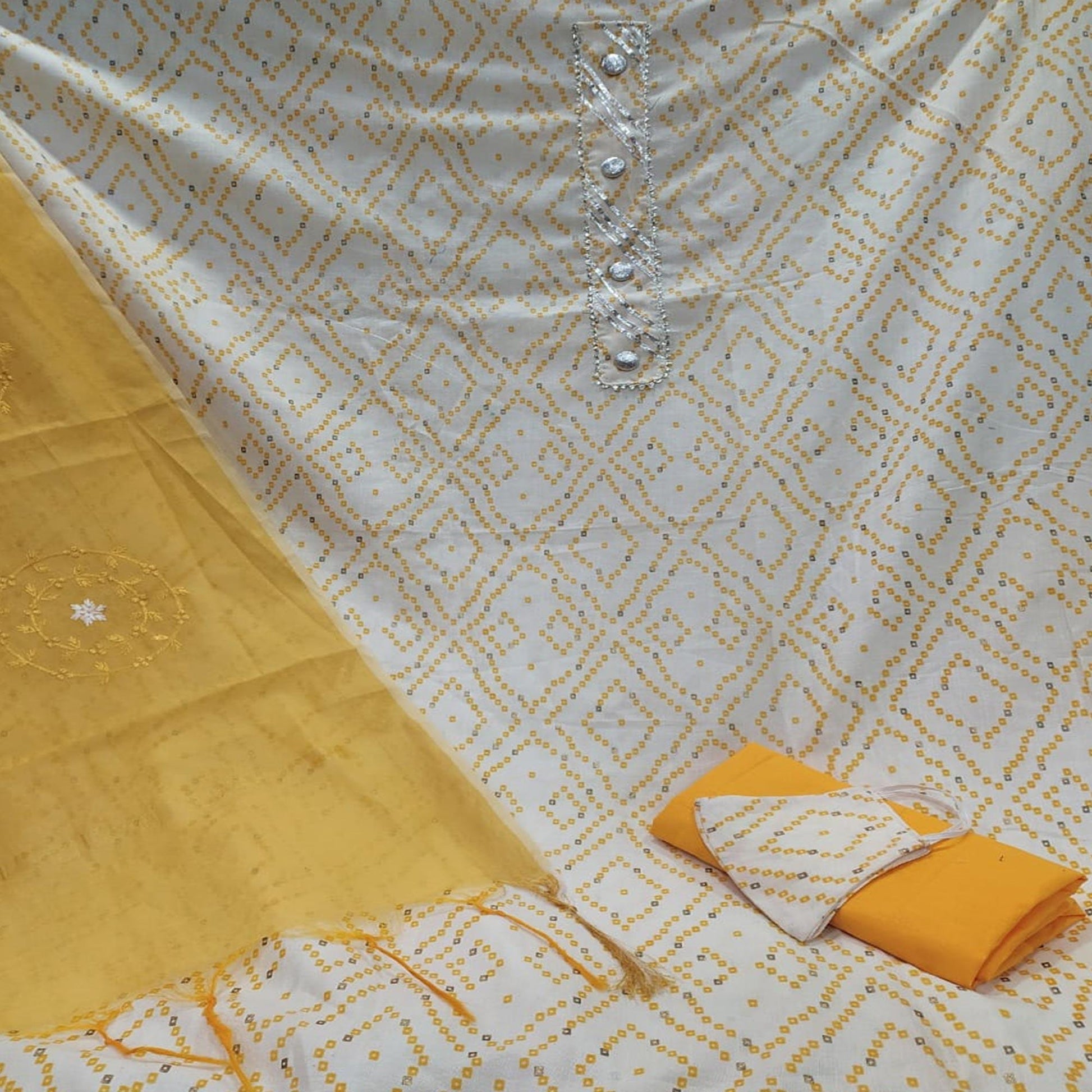 Jazzy White -  Yellow Colored Casual Wear Printed Cotton Dress Material