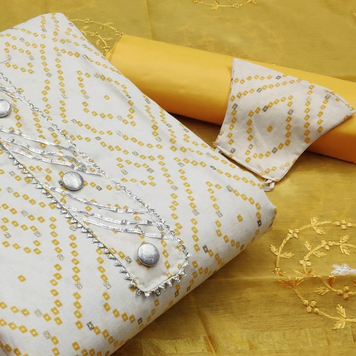 Jazzy White -  Yellow Colored Casual Wear Printed Cotton Dress Material