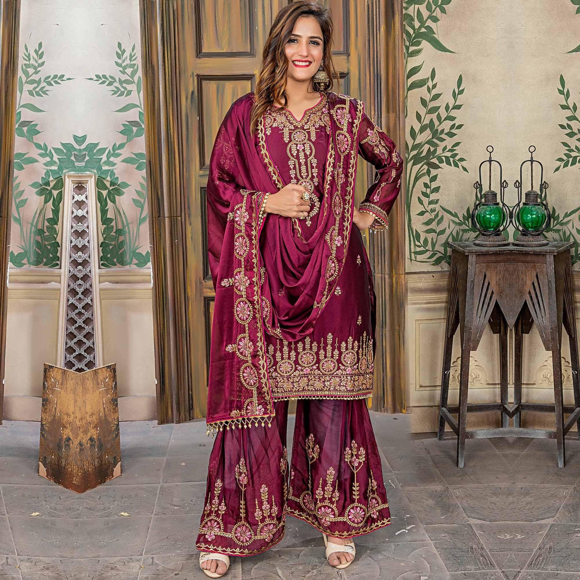 Jazzy Wine Colored Party Wear Embroidered Georgette palazzo Suit