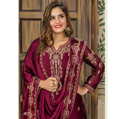 Jazzy Wine Colored Party Wear Embroidered Georgette palazzo Suit