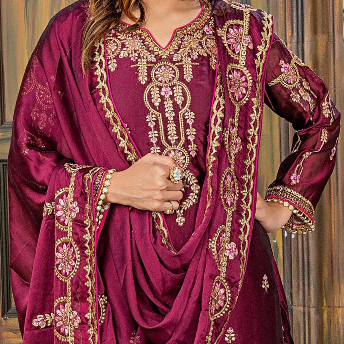 Jazzy Wine Colored Party Wear Embroidered Georgette palazzo Suit