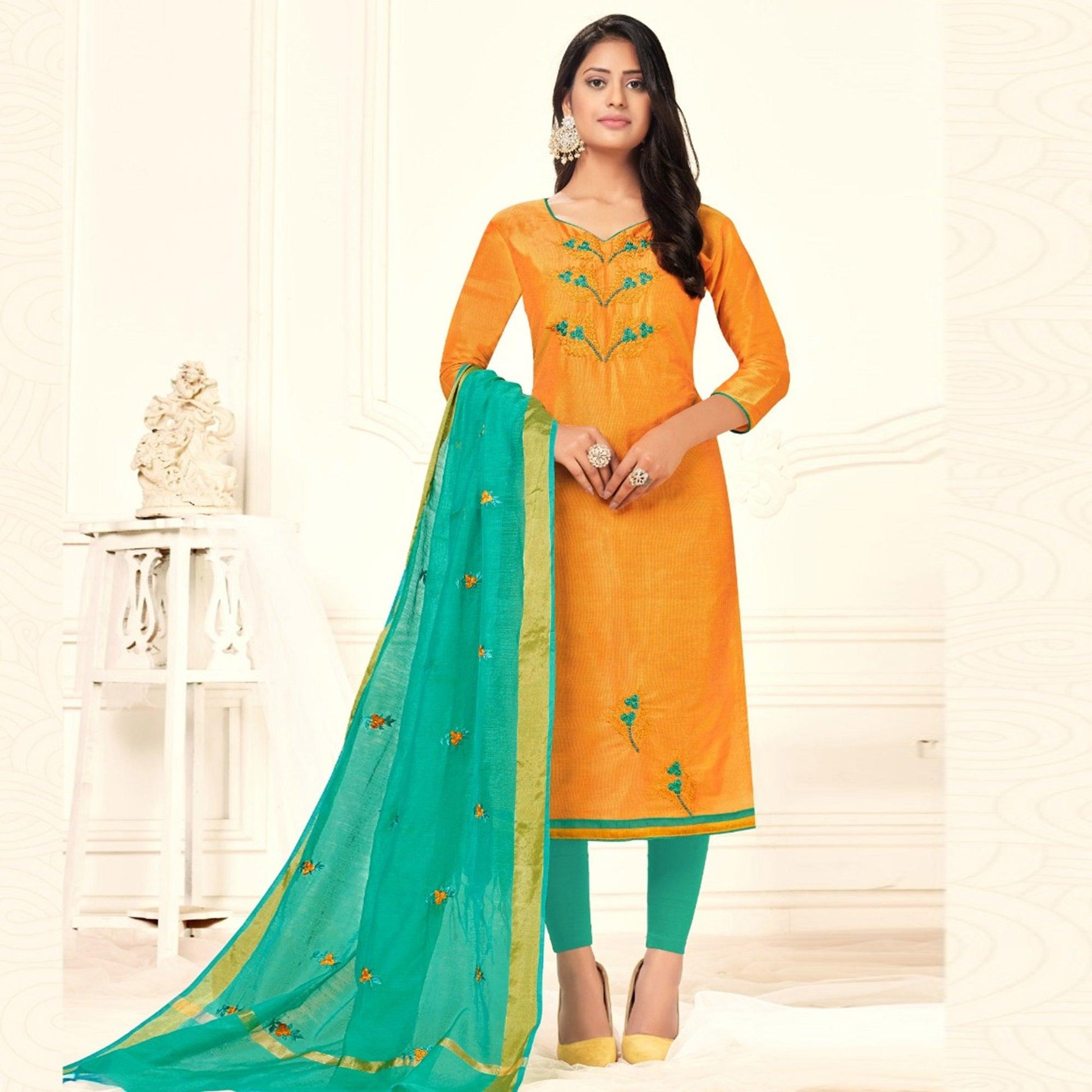 Jazzy Yellow Colored Casual Wear Embroidered Cotton Dress Material