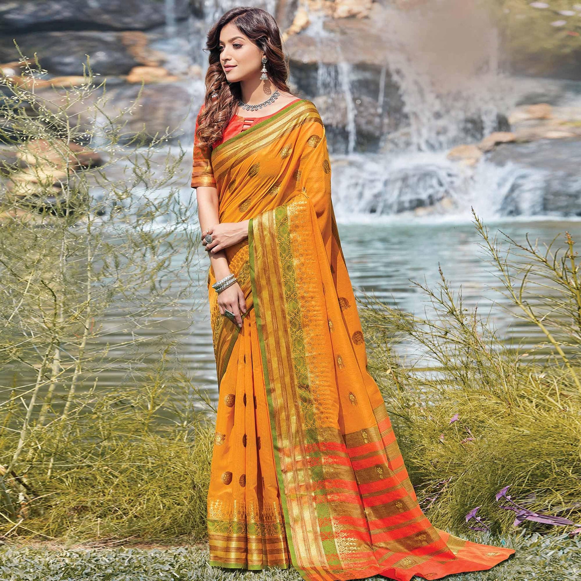 Jazzy Yellow Colored Festive Wear Woven Cotton Saree