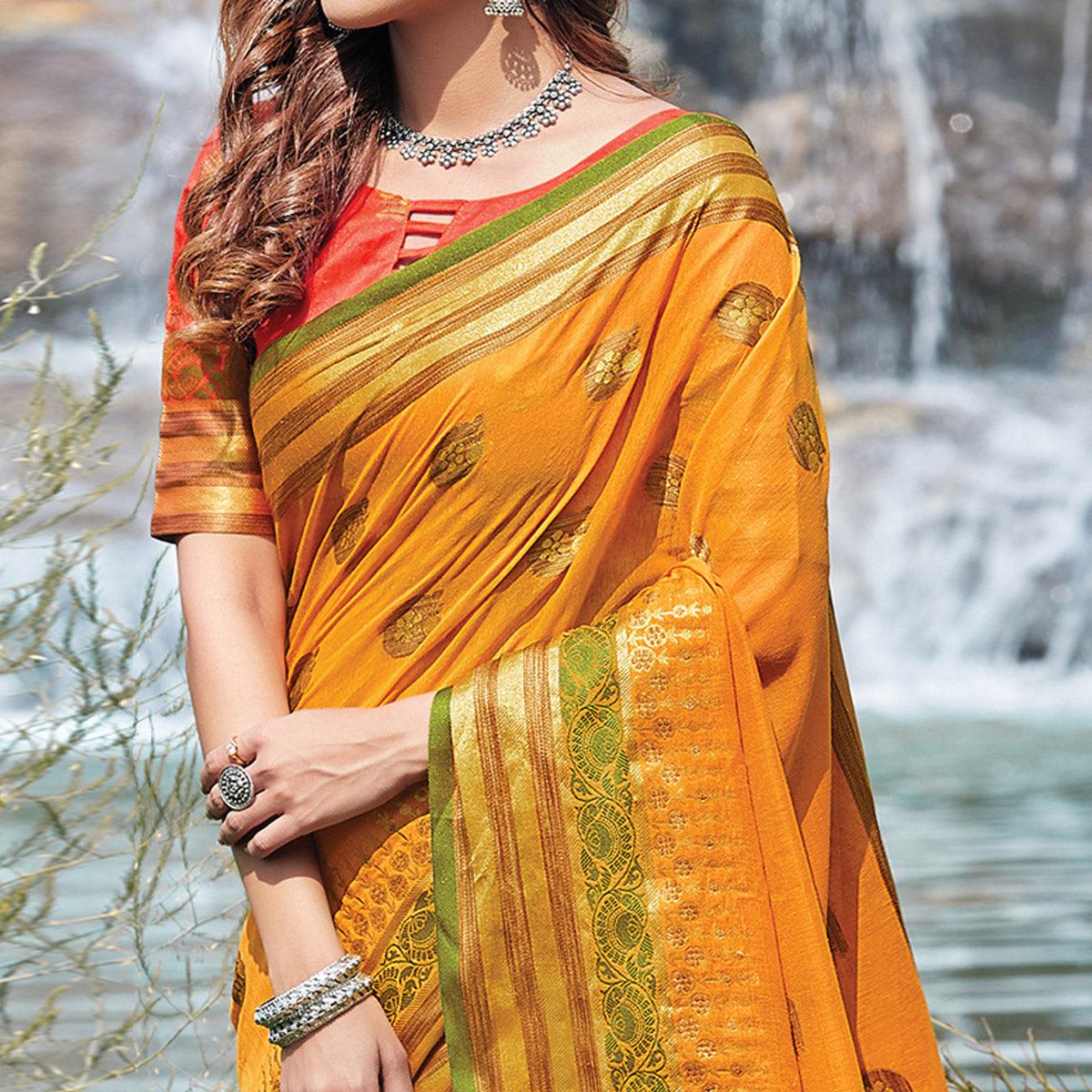 Jazzy Yellow Colored Festive Wear Woven Cotton Saree