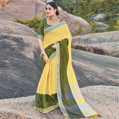 Jazzy Yellow Colored Festive Wear Woven Linen Saree