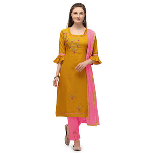 Jazzy Yellow Coloured Embroidered Casual Wear Cotton Dress Material