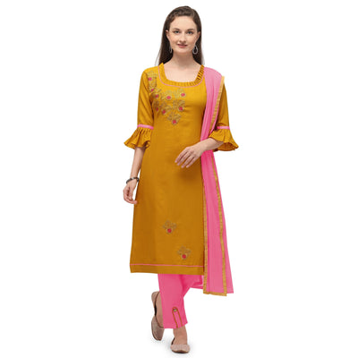 Jazzy Yellow Coloured Embroidered Casual Wear Cotton Dress Material