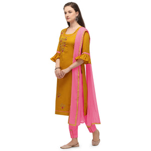 Jazzy Yellow Coloured Embroidered Casual Wear Cotton Dress Material