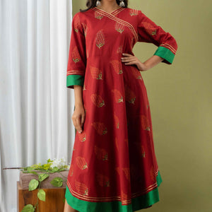 Women Red Cotton Flared Kurti