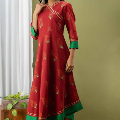 Women Red Cotton Flared Kurti