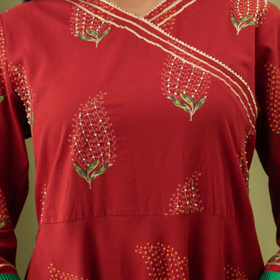 Women Red Cotton Flared Kurti
