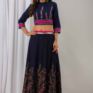 Women Navy Blue Festive Cotton Top with Skirt