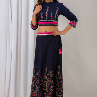 Women Navy Blue Festive Cotton Top with Skirt