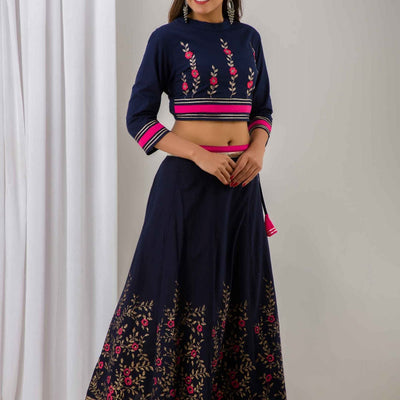 Women Navy Blue Festive Cotton Top with Skirt