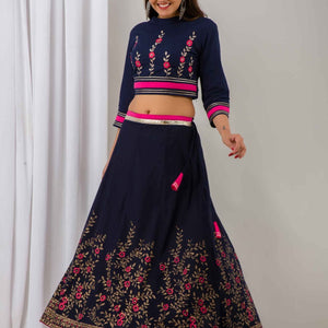 Women Navy Blue Festive Cotton Top with Skirt