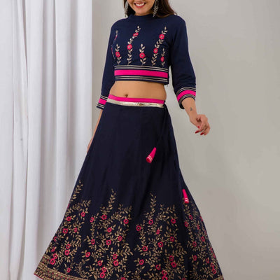 Women Navy Blue Festive Cotton Top with Skirt