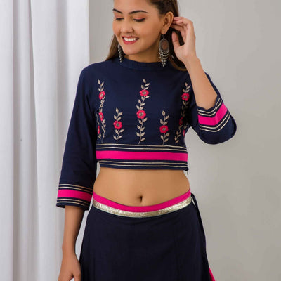 Women Navy Blue Festive Cotton Top with Skirt