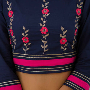 Women Navy Blue Festive Cotton Top with Skirt