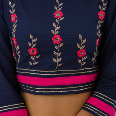 Women Navy Blue Festive Cotton Top with Skirt