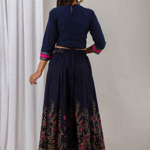 Women Navy Blue Festive Cotton Top with Skirt