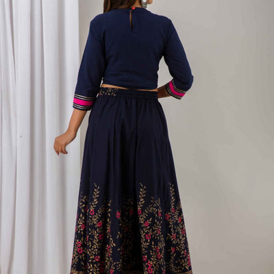 Women Navy Blue Festive Cotton Top with Skirt