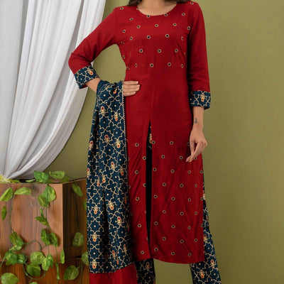 Women Red Cotton Round Neck Kurta wth Pant & Dupatta