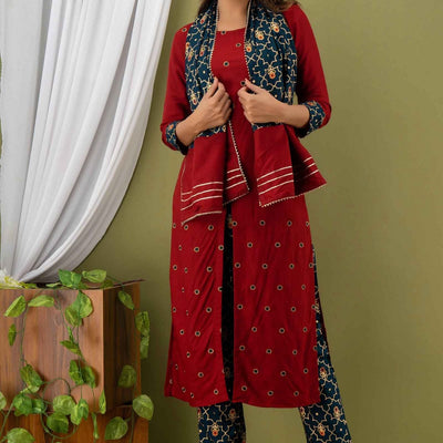 Women Red Cotton Round Neck Kurta wth Pant & Dupatta