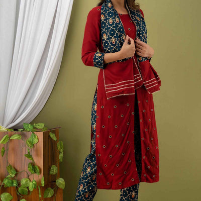 Women Red Cotton Round Neck Kurta wth Pant & Dupatta