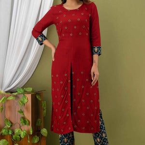Women Red Cotton Round Neck Kurta wth Pant & Dupatta