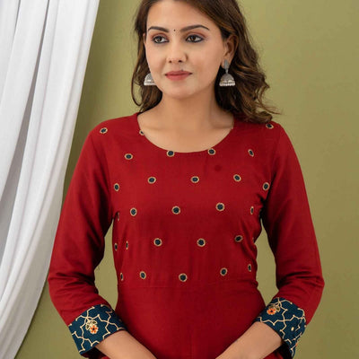 Women Red Cotton Round Neck Kurta wth Pant & Dupatta