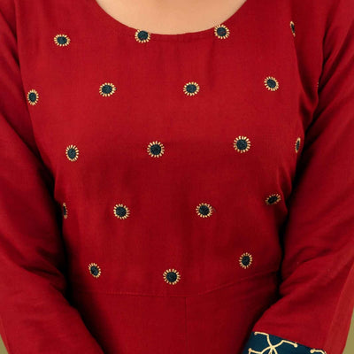 Women Red Cotton Round Neck Kurta wth Pant & Dupatta