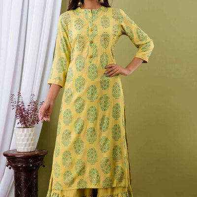 Women Yellow Cotton Kurti with Sharara