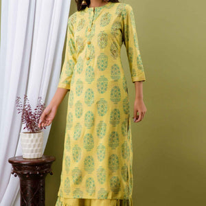 Women Yellow Cotton Kurti with Sharara