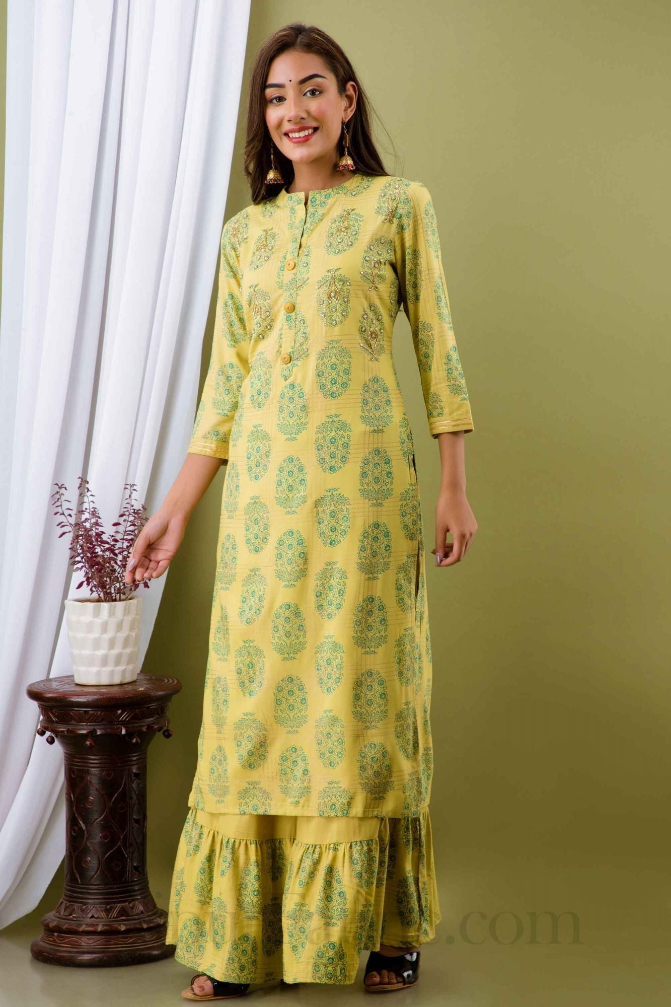 Women Yellow Cotton Kurti with Sharara
