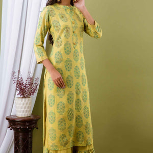 Women Yellow Cotton Kurti with Sharara