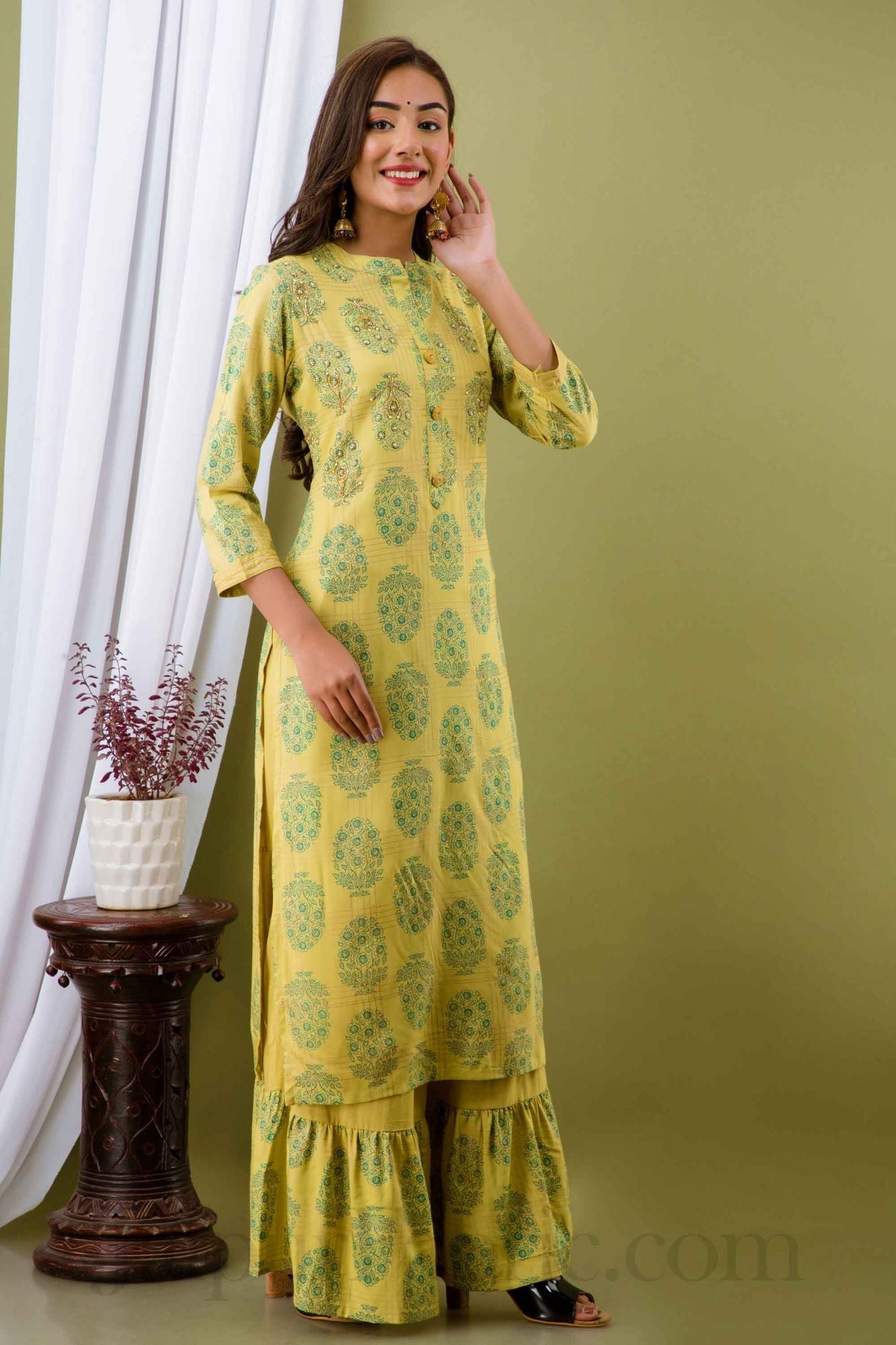 Women Yellow Cotton Kurti with Sharara