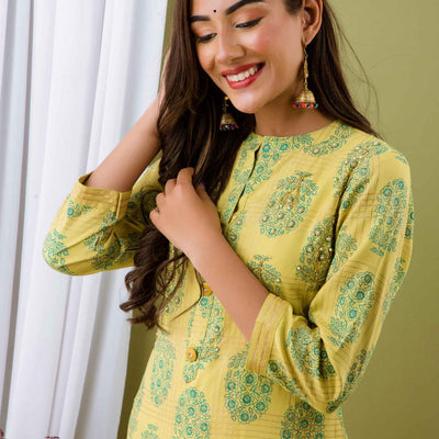 Women Yellow Cotton Kurti with Sharara