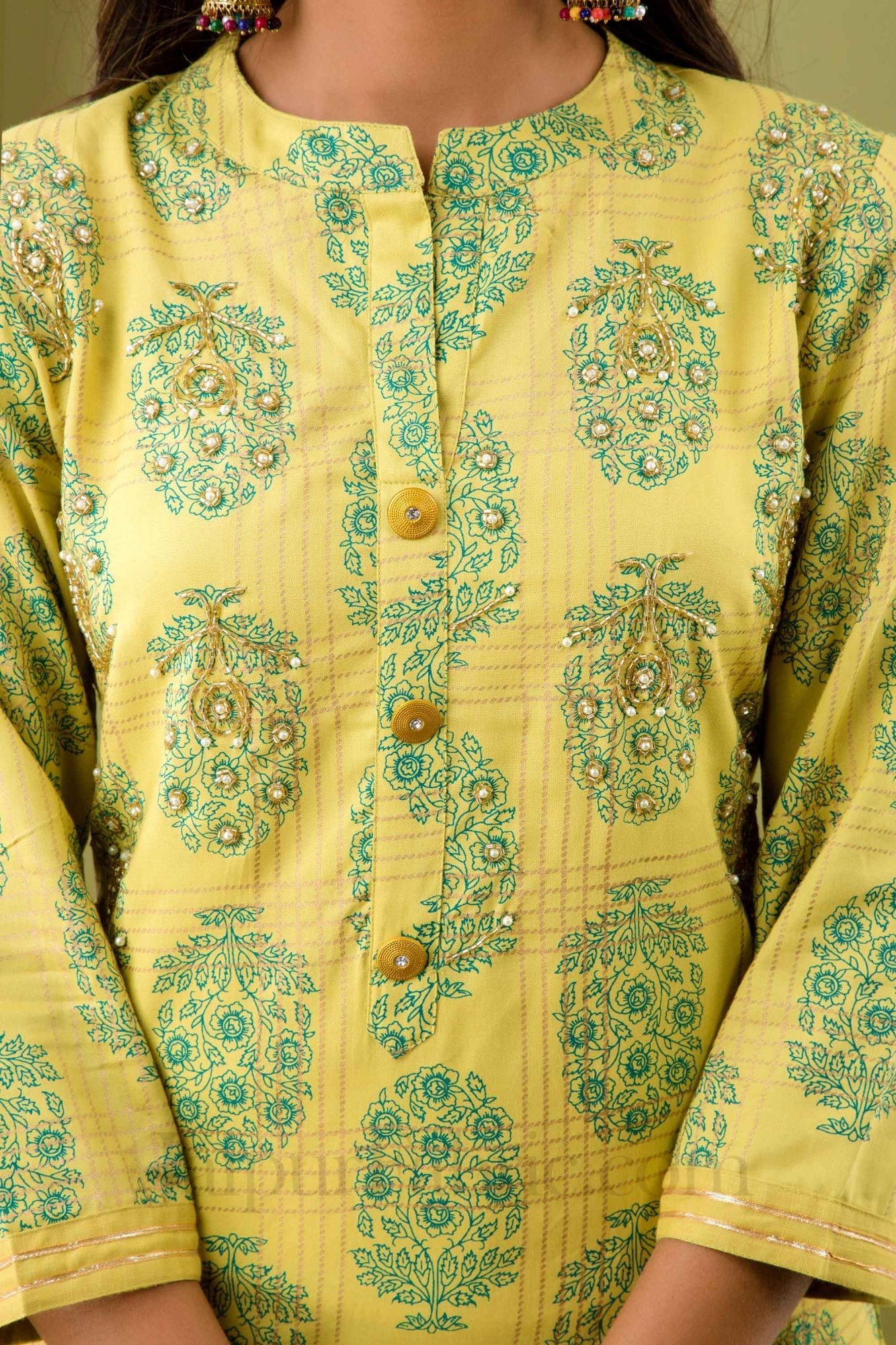 Women Yellow Cotton Kurti with Sharara