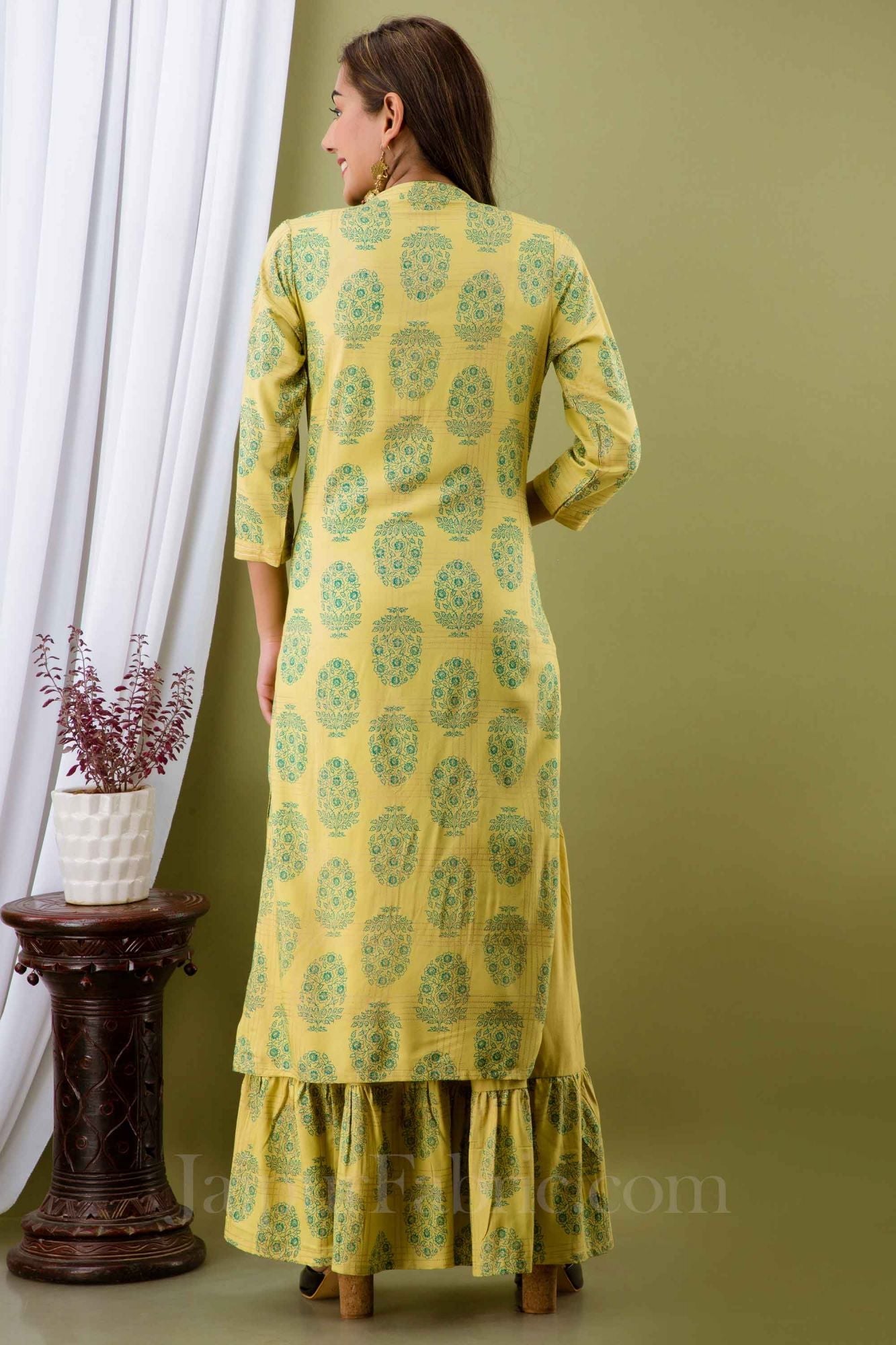 Women Yellow Cotton Kurti with Sharara