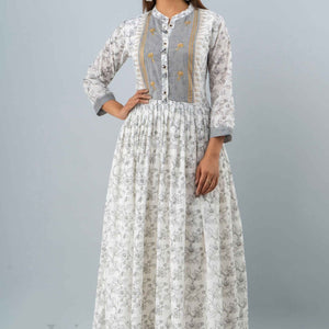 Women White & Grey Long Cotton Kurti with Dupatta