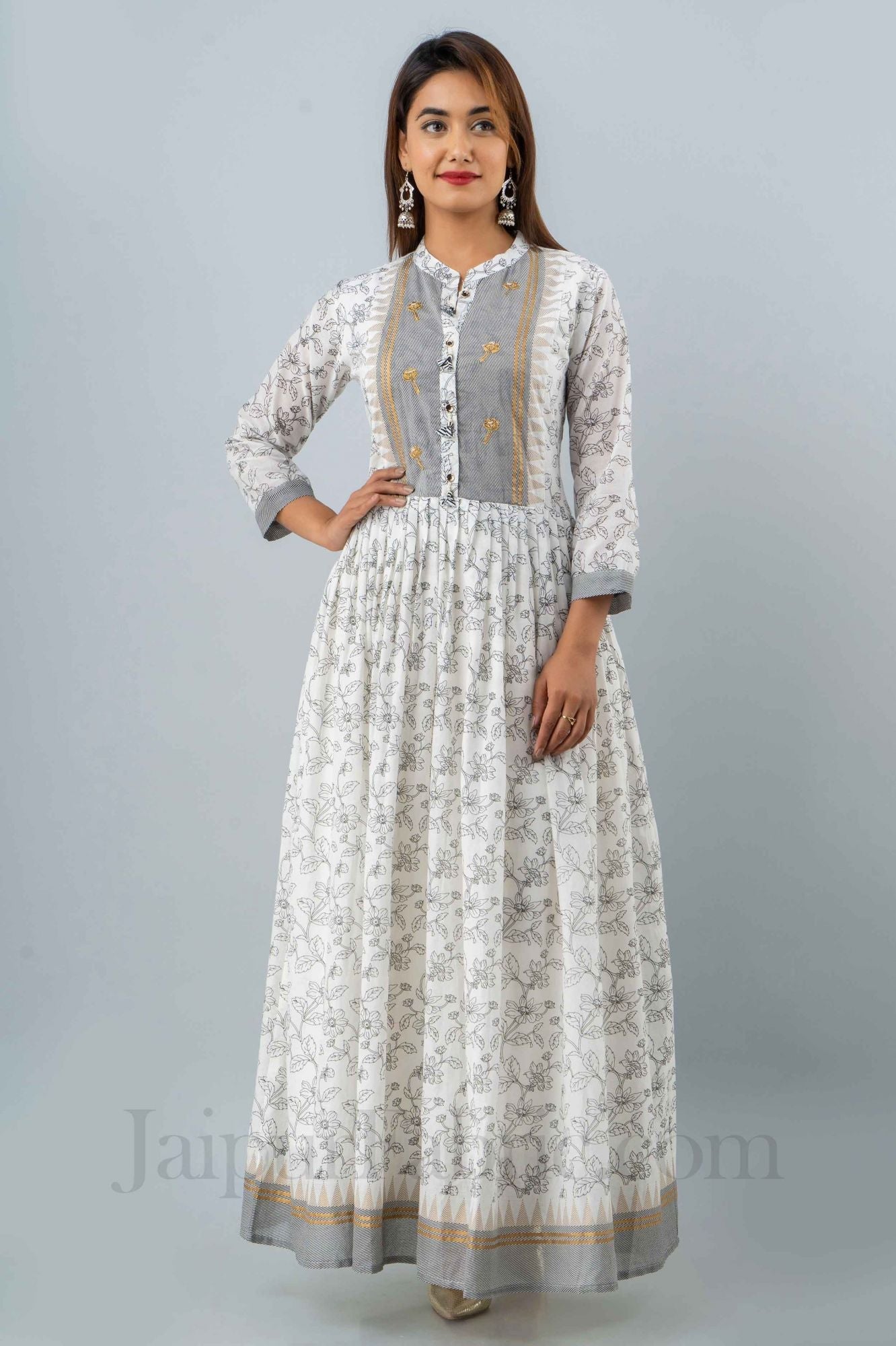 Women White & Grey Long Cotton Kurti with Dupatta