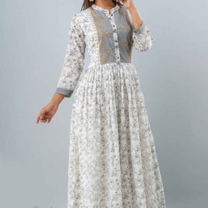 Women White & Grey Long Cotton Kurti with Dupatta
