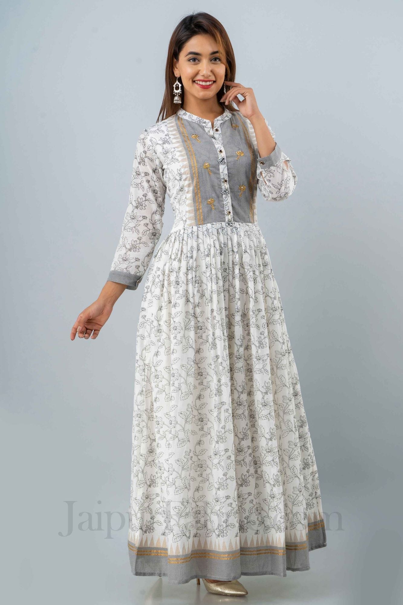 Women White & Grey Long Cotton Kurti with Dupatta
